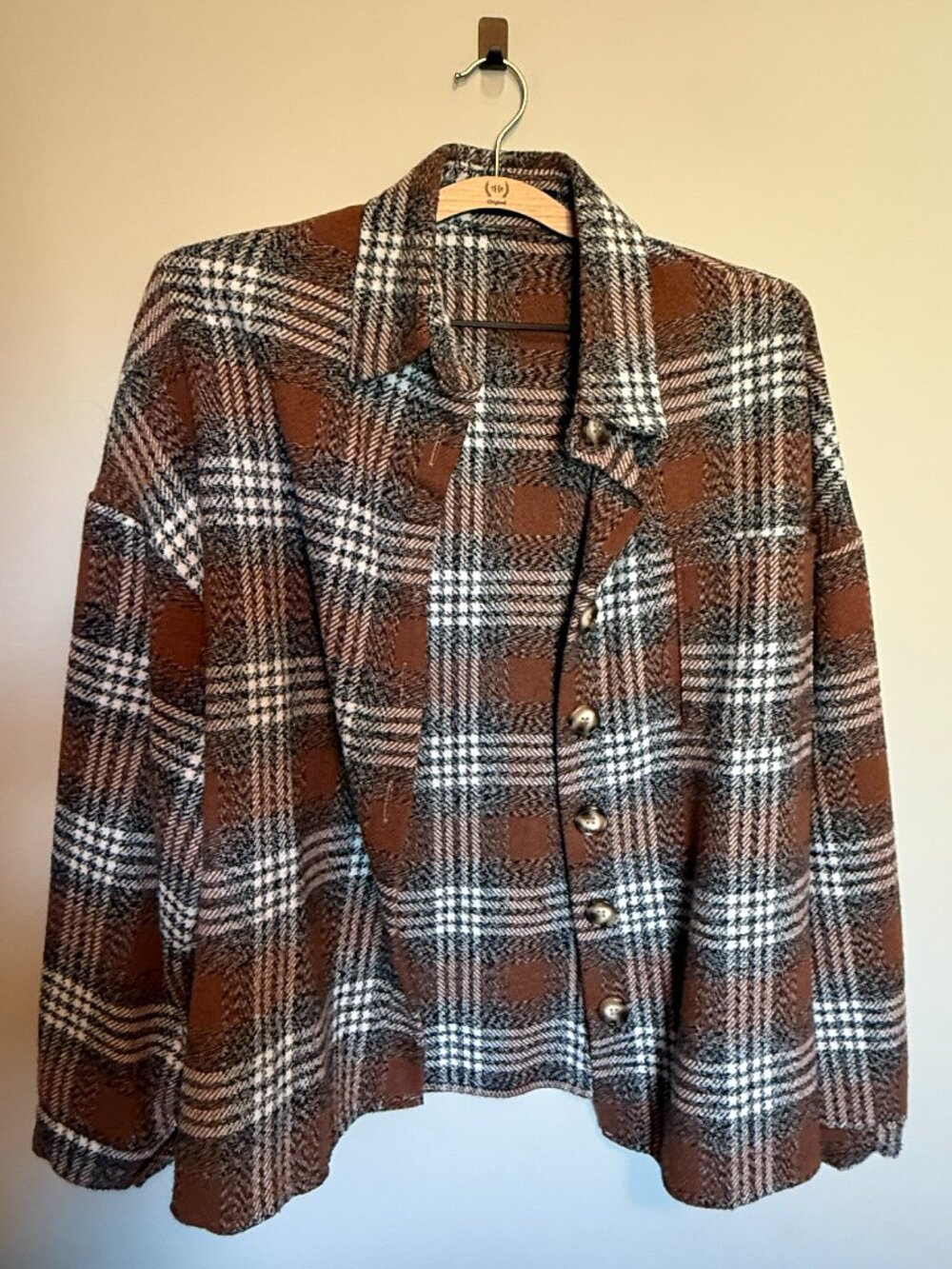 PinchMe Plaid Button Front Jacket Shirt Brown Black Cream Size Large